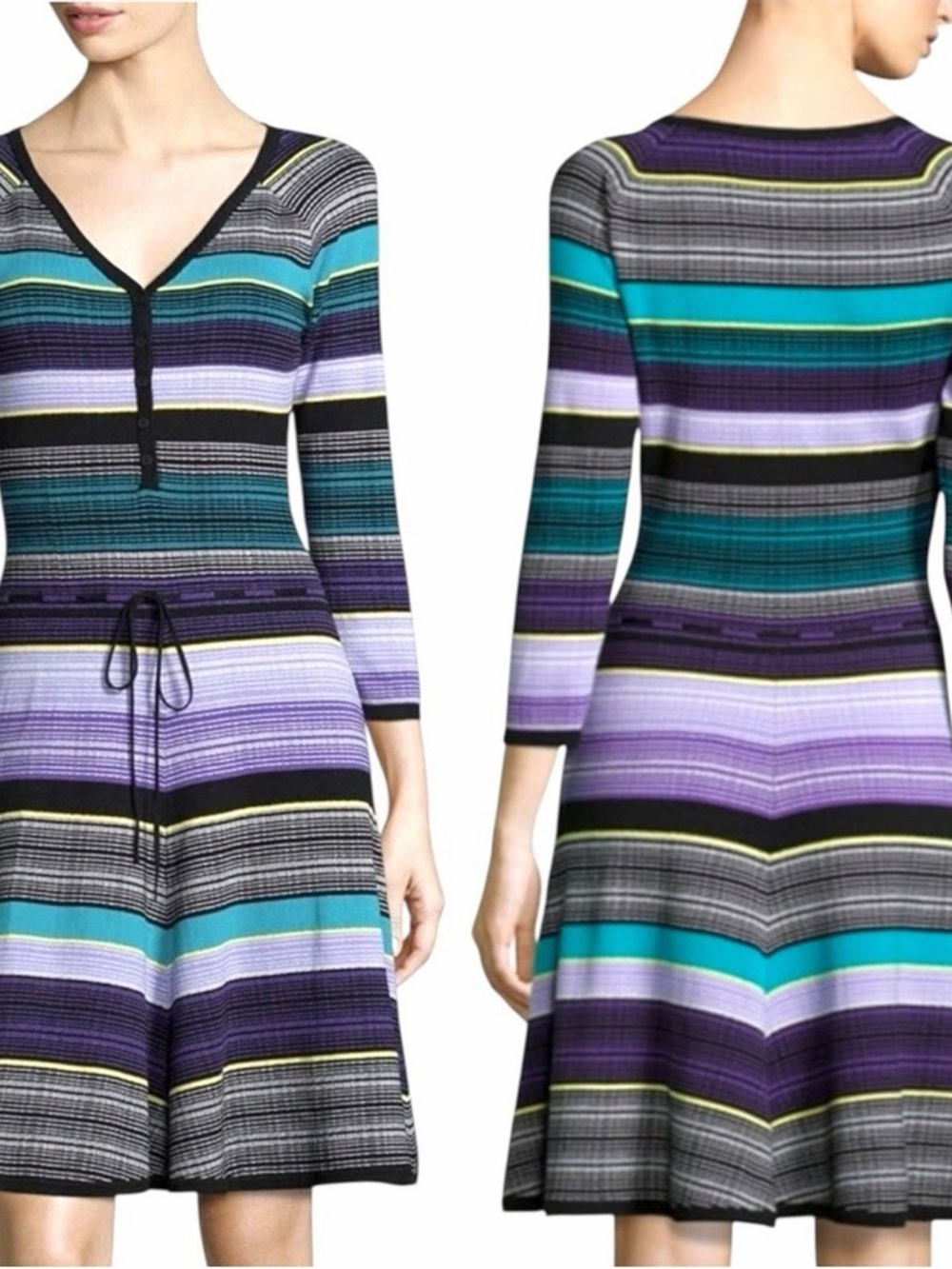 Diane Von Furstenberg Striped V-Neck Knit Dress in Purple and Teal